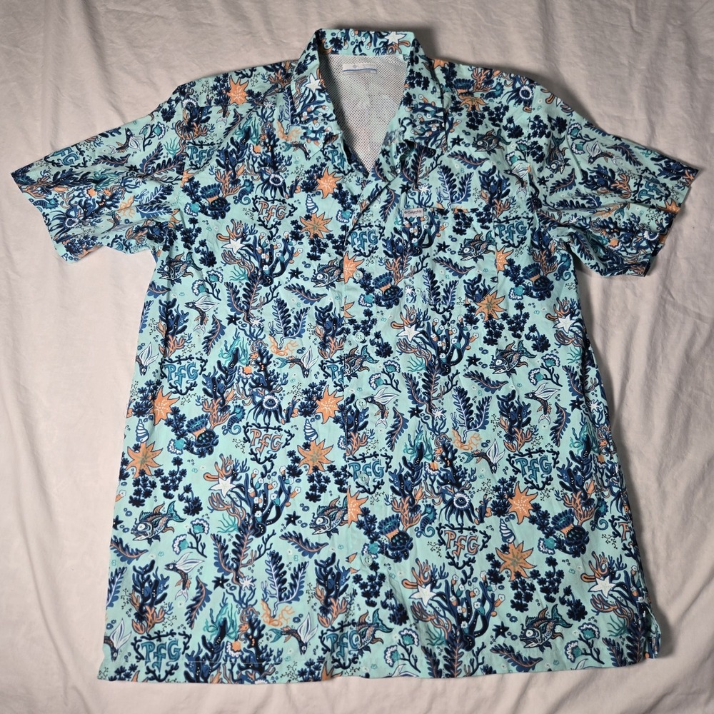 COLUMBIA PFG Shirt Short Sleeve Button-Up Ocean Print Vented Shirt M Fishing - Picture 2 of 9